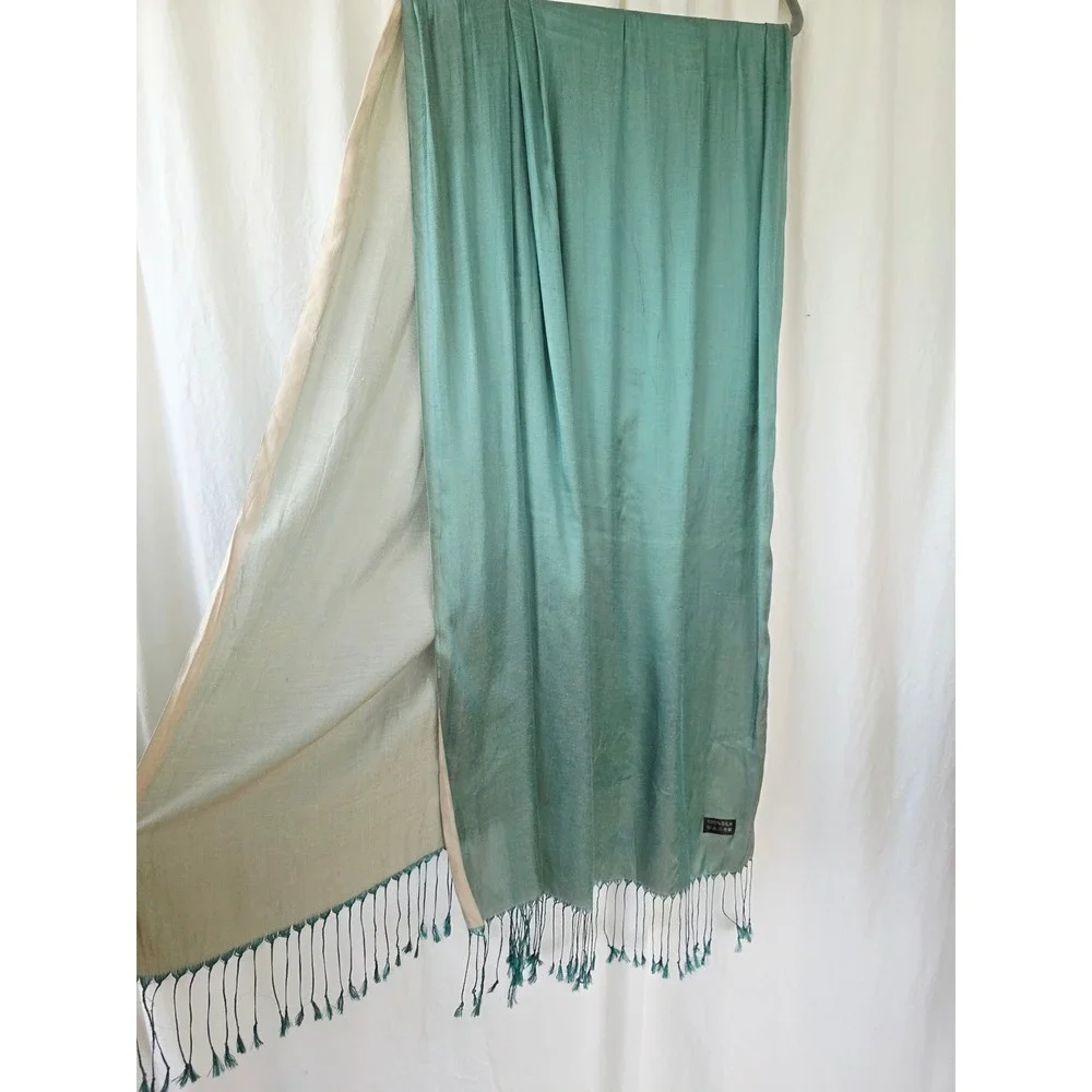 100% Silk Scarf Teal ecru Reversible Fringe Wrap Shawl 27x86